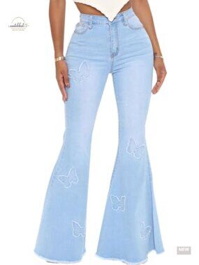 High Waisted Destroyed Flare Jeans Raw Hem Denim Pants